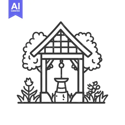 Aset desain premium: A vintage well house resides amidst flowers and green foliage