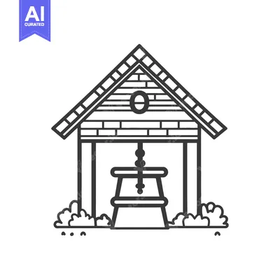 Aset premium populer: A black and white illustration of an old water well