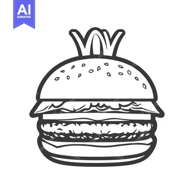 Aset premium populer: A single monochrome drawing depicts a layered delicious hamburger