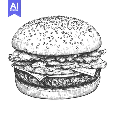 Aset premium populer: Detailed black and white drawing of a delicious hamburger