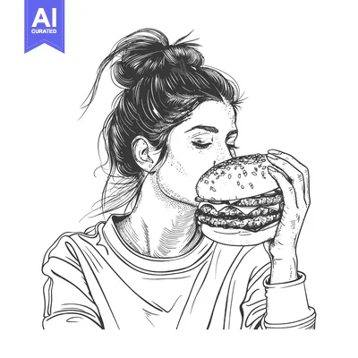 Aset desain premium: Young woman enjoying a large burger with eyes closed joyfully