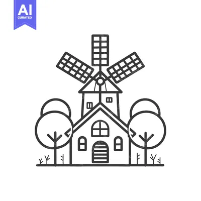 Aset premium populer: A simple line drawing of a windmill and farmhouse building
