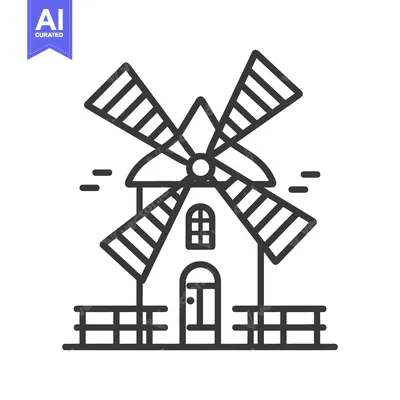 Aset desain premium: A simplified black and white linear drawing of a windmill
