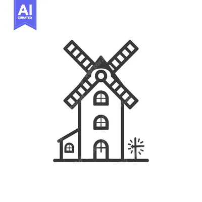 Aset desain premium: A simple line drawing depicting a traditional windmill building