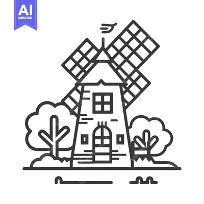 Aset premium populer: Black and white outline illustration of a traditional windmill