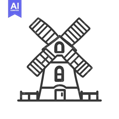 Aset desain premium: An illustration shows a simple and outlined windmill design on white b