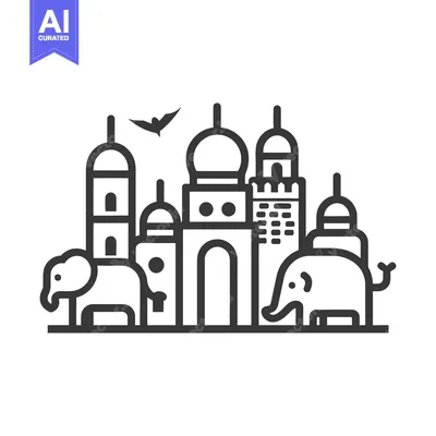 Aset desain premium: Outline drawing depicts buildings and elephants against a white backgr