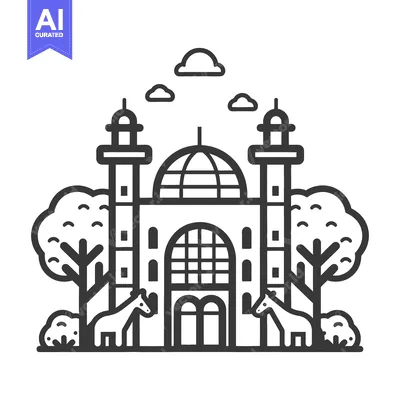 Aset desain premium: A stylized illustration of a building with towers and trees