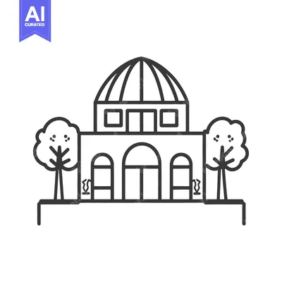 Aset desain premium: Architectural illustration depicts a building with trees and a dome ro