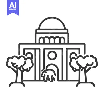 Aset desain premium: A stylized image of a building with two trees near it