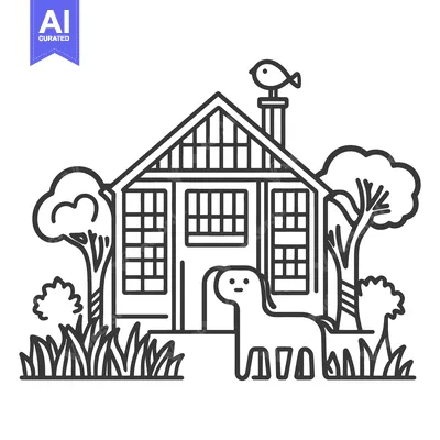 A stylized illustration depicts a house with a dog outside