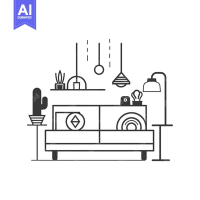 Minimalist Line Art Illustration of a Living Room with a Sofa, Plants,