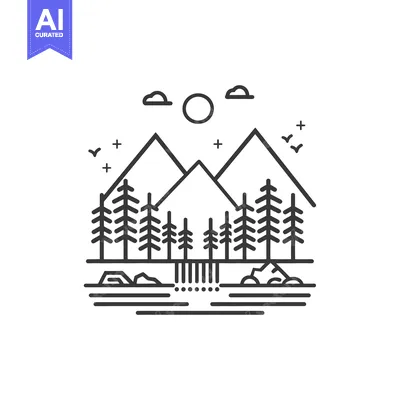 Aset desain premium: Minimalist Line Art Illustration of a Mountain Range with a Forest and