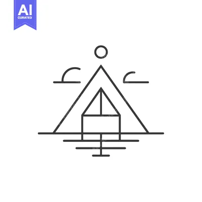 Premium design asset: Minimalist Line Art Illustration of a Tent with a Sun and Clouds