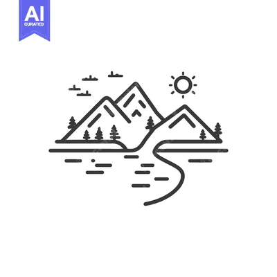 Aset desain premium: Minimalist Line Art Illustration of Mountains, River, and Sun
