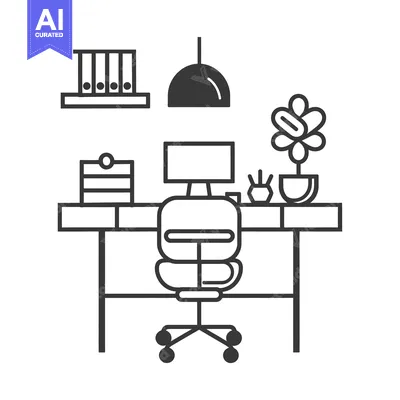 Premium design asset: Minimalist Line Drawing of an Office Desk with a Chair and Plant