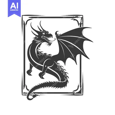 Aset desain premium: Black and White Illustration of a Dragon in a Frame
