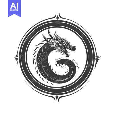 Aset desain premium: A Black and White Illustration of a Coiled Dragon in a Circular Frame