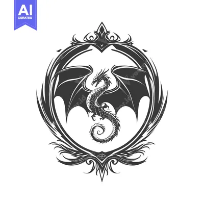 Aset desain premium: Black Dragon with Wings in Ornamental Frame