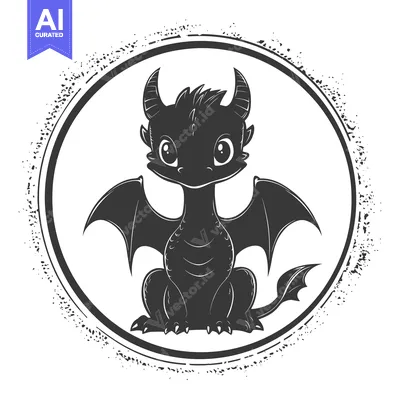 Aset desain premium: Cute Black Silhouette Dragon with Wings in a Circle with a Distressed