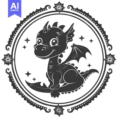 Premium design asset: Cute Baby Dragon with Large Eyes in a Decorative Circle Frame