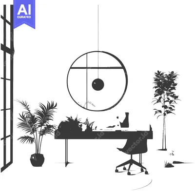 Aset premium populer: Minimalist Silhouette of an Office Workspace with Plants and a Circula