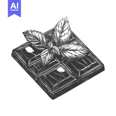 Premium design asset: A square chocolate bar adorned with fresh green mint leaves