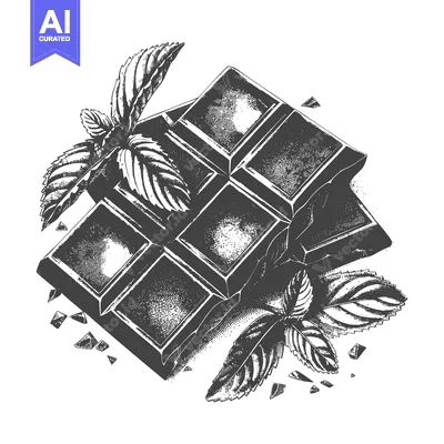 A detailed black and white illustration of chocolate and mint leaves