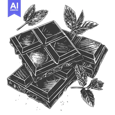 Aset desain premium: Stacked dark chocolate squares accompanied by fresh green leaves