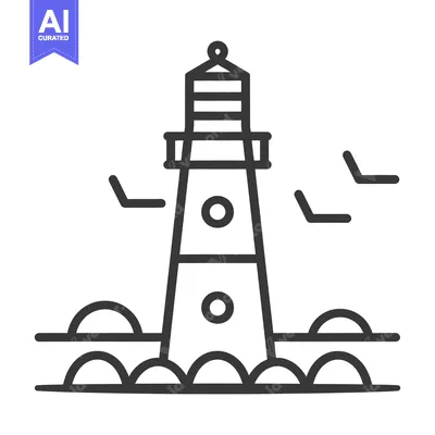 Aset desain premium: A black and white line drawing of a coastal lighthouse