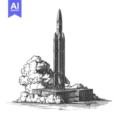 Aset desain premium: A large rocket is launching and creating smoke clouds at takeoff