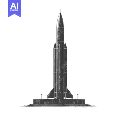 Premium design asset: A large rocket is positioned on a launch pad ready for space travel