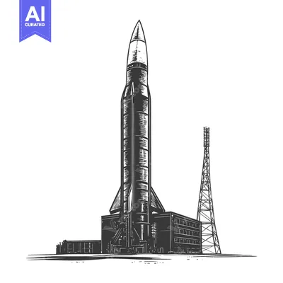 Premium design asset: Large rocket ready to launch from a launchpad building structure