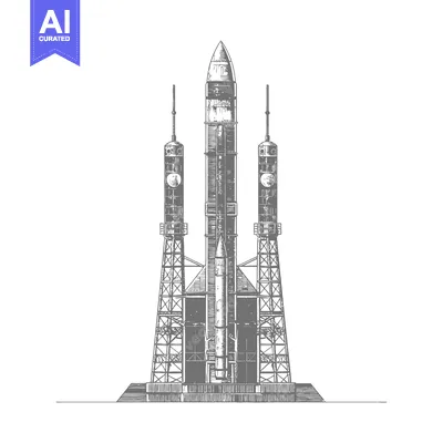 Aset premium populer: A detailed illustration of a large rocket on a launch platform
