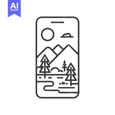 Aset desain premium: Minimalist Mobile Landscape: Mountains, Trees, and River Icon Design