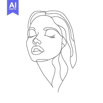 Aset premium populer: A single line drawing portrays a calm and serene human face