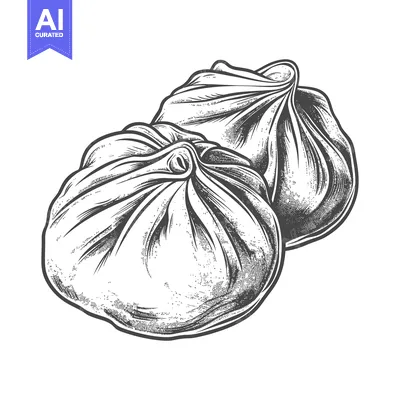 Detailed black and white illustration showing two filled dumplings