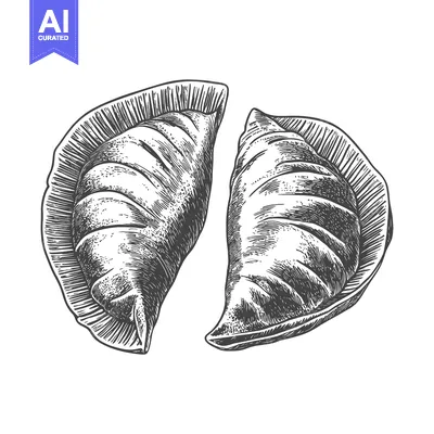 Two hand drawn illustrations of cooked dumpling halves