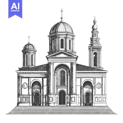 A detailed architectural drawing depicting a grand church building