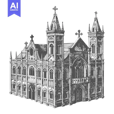 Architectural illustration depicting a detailed church structure and i