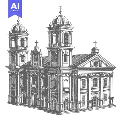 A detailed black and white illustration of a church building