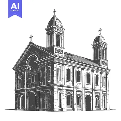 A detailed black and white architectural rendering of a church