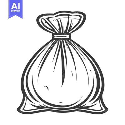 A black and white illustration of a tied sack or bag