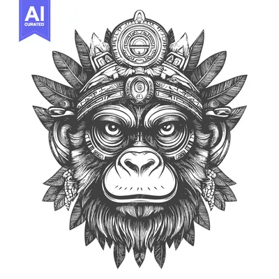 Aset desain premium: Monkey with Ornate Headpiece and Feathers