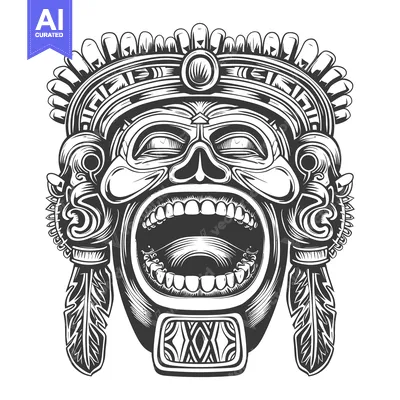 Premium design asset: Monochromatic Illustration of a Detailed Mayan Mask with Open Mouth an