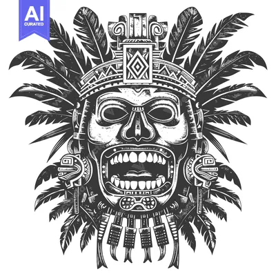 Premium design asset: Monochromatic Illustration of an Ancient Mayan or Aztec Mask with Feat
