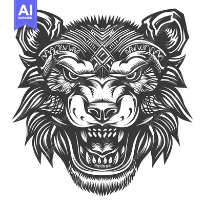Aset desain premium: Monochromatic illustration of a snarling bear head with detailed fur a