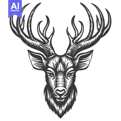 Aset desain premium: Monochrome Illustration of a Deer Head with Antlers