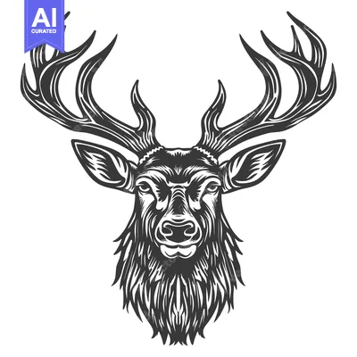 Aset desain premium: Monochrome Illustration of a Deer Head with Large Antlers
