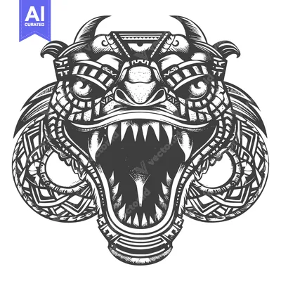 Premium design asset: Monochrome Illustration of a Fierce, Geometric Creature with Open Mout